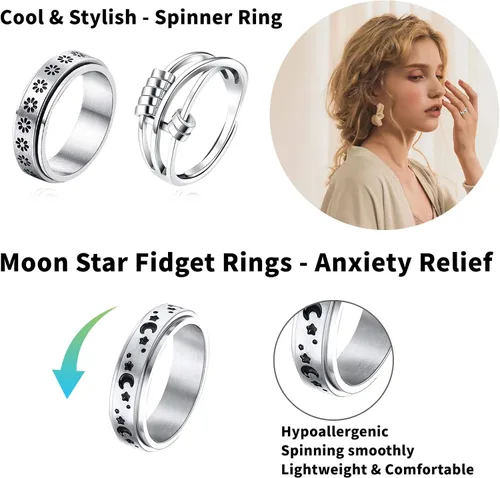 Miniatura 2 de Spinner Ring for Anxiety 8pcs Stainless Steel Fidget Rings Anti Anxiety Ring Spinning Moon Star Cool Stress Relieving Rings for Women Men Teens Girls