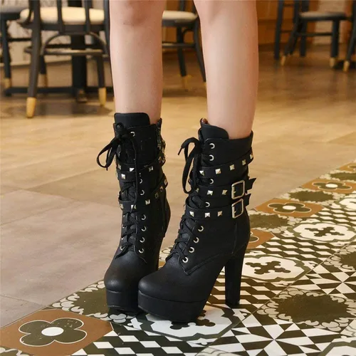 Miniatura 7 de ForeMode- Botines de otoño de tacón alto para mujer con cordones puntera redonda tacón grueso y plataforma Botines modelo Knight Martin