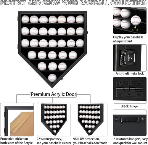 Miniatura 3 de Grintus 30 expositores de béisbol de madera para pelotas de béisbol de montaje en pared, caja de sombra de béisbol con cerradura antidecoloración