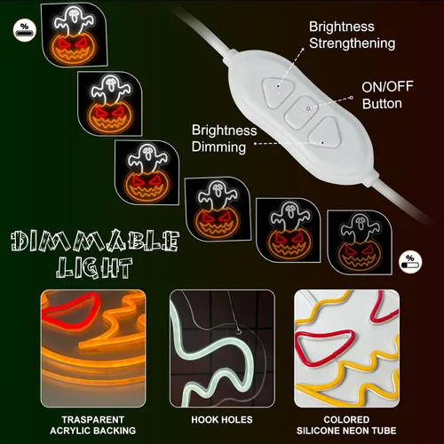 Miniatura 5 de Letrero de neón de calabaza fantasma de Halloween, cara de fantasma, luz de neón espeluznante de calabaza de neón, letreros LED regulables