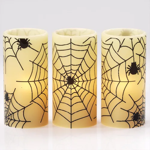 Eldnacele - Velas parpadeantes de Halloween sin llama con temporizador, velas de cera real con calcomanías de telaraña, juego de 3 velas LED para