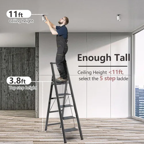 Miniatura 2 de escalera de 5 peldaños plegable con peldaños anchos antideslizantes para uso en el hogar y la cocina, ahorro de espacio (negro)