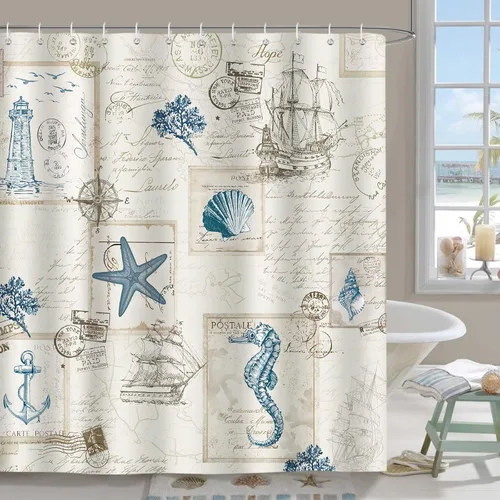Bonhause Cortina de ducha náutica costera, vintage, océano, playa, concha, caballito de mar, faro, decoración de baño, 72 x 72 pulgadas, tela de