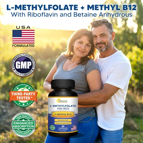 Miniatura 2 de aSquared Nutrition L Metilfolato Plus Metil B12 - Suplemento de folato metilado para mujeres y hombres - 5-MTHF (vitamina B9 activa) 1000 mcg y B-12