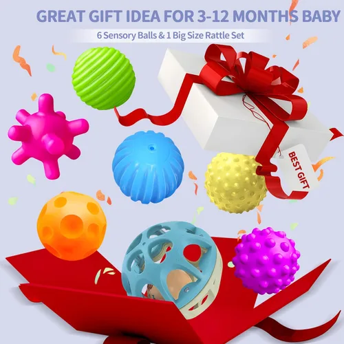 Miniatura 5 de Montessori - Juego sensorial para bebés y niños pequeños, paquete de 6 bolas texturizadas suaves y sonajero de paja de trigo, juguetes educativos