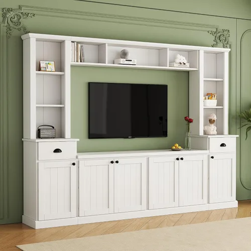 Miniatura 8 de Merax Minimalist 103" Entertainment Wall Unit Set with Overhead Bridge for TVs Up to 75", Modern Large Media Console with Adjustable Shelves, Ample