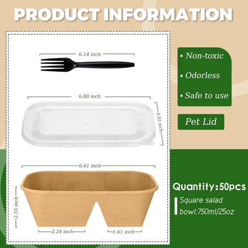 Miniatura 2 de DI QIU REN Paquete de 50 tazones desechables de papel kraft de 25 onzas, 2 compartimentos【con tapas y tenedores】Recipientes grandes para preparación