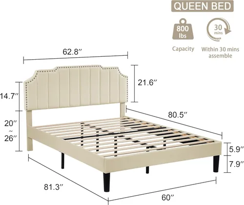 Miniatura 2 de VECELO Base de cama tapizada de terciopelo tamaño Queen con ribete de clavos, cabecera ajustable en altura copetuda, cama vintage con listones