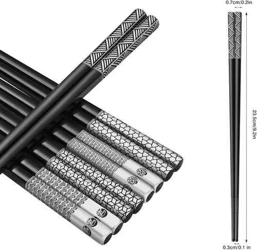 Miniatura 6 de Juego de palillos de acero inoxidable, 5 pares de palillos de metal reutilizables 18/8 aptos para lavavajillas, puntas antideslizantes grabadas