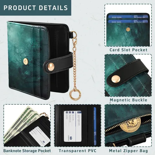 Miniatura 5 de Qilmy Hunter Green Texture Compact Women's Wallet - RFID Blocking Bifold Card Case PU Leather Slim Travel Wallet with Zipper Coin Pocket, ID Window