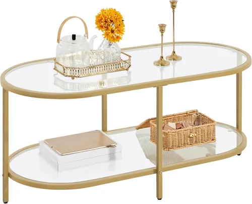 Miniatura 10 de Yaheetech Mesa de centro de cristal, pequeña mesa central negra con estante de almacenamiento para sala de estar, espacio pequeño, apartamento