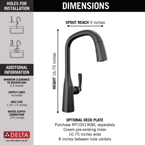 Miniatura 4 de Delta Faucet Stryke 9176-BL-DST - Grifo de cocina negro mate con rociador extraíble, grifo para fregadero de cocina, cabezal rociador