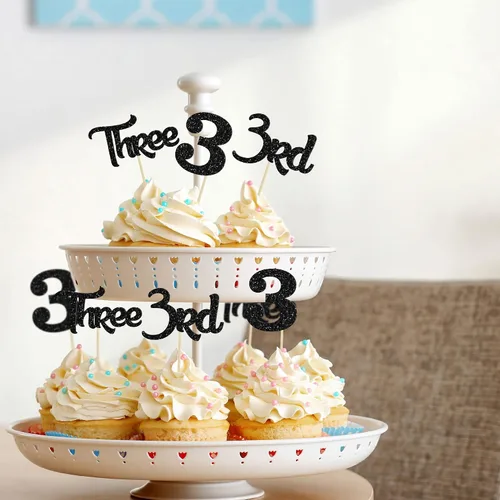 Miniatura 6 de 24 piezas de adornos para cupcakes de tercer cumpleaños, brillo, 3er cumpleaños, 3 piezas para baby shower, aniversario, decoración para pastel