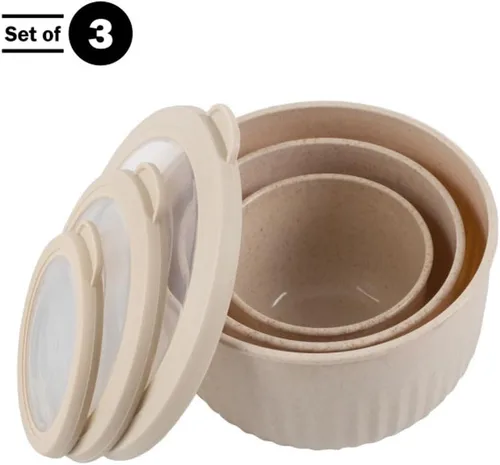 Miniatura 3 de Classic Cuisine - Juego de 3 cuencos con tapas, aptos para microondas, congelador y refrigerador, artículos esenciales de cocina ecológicos (beige)