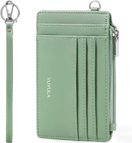 Cartera de cuero suave con bloqueo RFID para mujer, con bolsillo con cremallera, pulsera delgada, Verde, Elegancia clásica