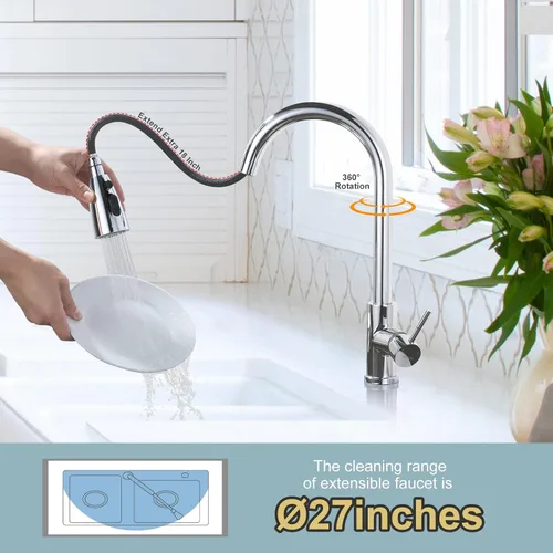 Miniatura 3 de WOWOW - Grifo de cocina cromado con rociador, grifo de fregadero de cocina extraíble de acero inoxidable con placa de cubierta, grifo de cocina