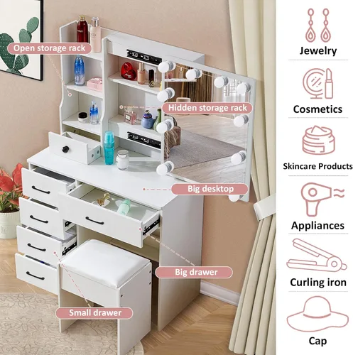 Miniatura 4 de Escritorio de tocador con espejo LED deslizante, mesa de maquillaje blanca con 6 cajones, 4 estantes de almacenamiento y taburete, 3 modos