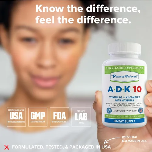 Miniatura 8 de Power By Naturals ADK 10 - Vitamina A de alta potencia, D3 10000 IU, suplemento K2 MK7 – 90 pastillas (1 unidad) para 3 meses de apoyo a la salud