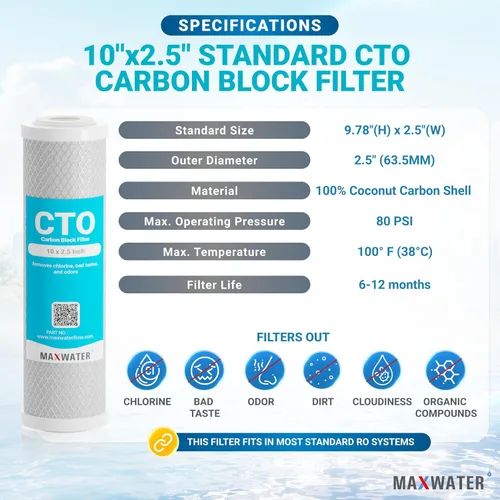 Miniatura 2 de Max Water Cartucho de filtro de agua de sedimentos de carbono CTO para toda la casa de 5 micrones, 10 x 2,5 compatible con DuPont WFPFC8002