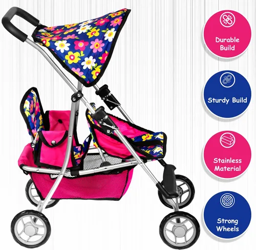 Miniatura 9 de fash n kolor Cochecito de Muñecas Gemelas - Cochecito de Bebé de Juguete para Muñecas - Cochecito de Juguete con Canasta de Almacenamiento para Set