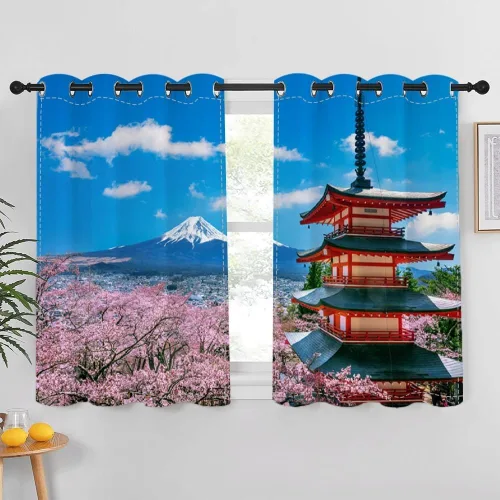 Miniatura 62 de Cortinas japonesas con pintura de tinta, monte Fuji, sol rojo, puesta de sol, hojas de bambú, cortinas de ventana para dormitorio, sala de estar