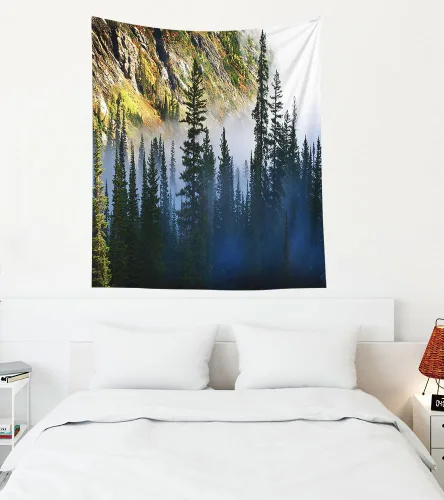 Miniatura 89 de EMMTEEY Tapiz de pared con bosque - Árbol de pino verde y niebla, arte de pared natural, 80x60 pulgadas, tapiz grande de estilo bohemio para sala