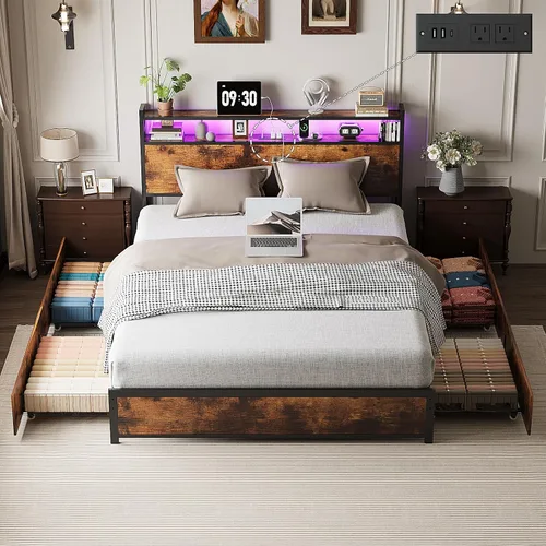 Miniatura 11 de VINGLI Base de cama LED Queen con 4 cajones de almacenamiento y estante de cabecera ajustable, plataforma de metal con estación de carga para niños