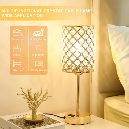 Miniatura 6 de Lámpara de mesa de cristal con control táctil, lámpara de mesita de noche regulable con puertos de carga USB-C+A y CA, lámpara USB dorada de 3 vías