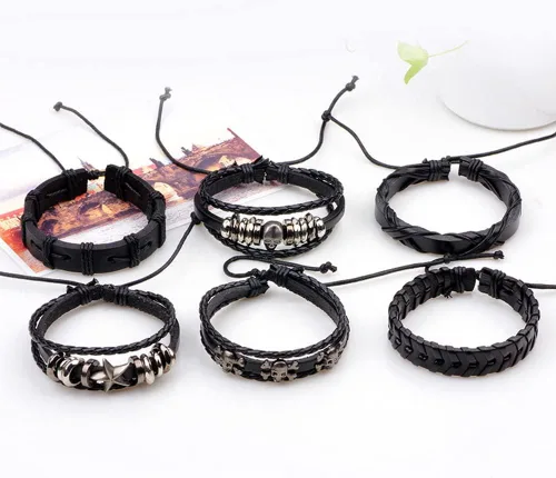 Miniatura 3 de NIGHTCRUZ 6 pulseras trenzadas de cuero, pulsera de cuero medieval con calavera