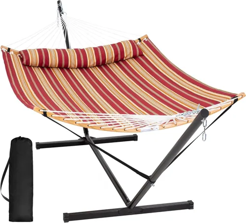 Miniatura 11 de SUNCREAT Hamaca doble con soporte incluido, hamaca portátil con soporte y almohada grande, rayas azules