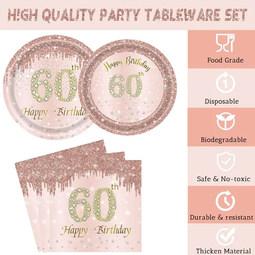Miniatura 3 de 24 juegos de decoración de fiesta de 60 cumpleaños en oro rosa para mujeres, 60 platos de cumpleaños y servilletas, tenedores, suministros de fiesta
