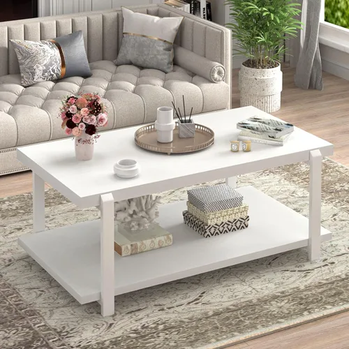 Miniatura 10 de FOLUBAN - Mesa de café moderna con estante de almacenamiento, mesa central de madera rústica para sala de estar, nogal