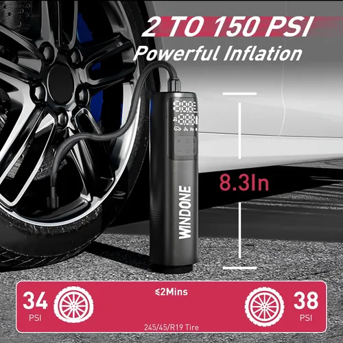 Miniatura 7 de Windone Aspiradora para automóvil, limpiador 2 en 1 de 12000 Pa e inflador de neumáticos de 150 PSI, motor sin escobillas de 60 W, aspiradora