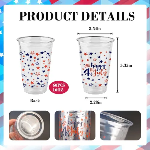 Miniatura 3 de 60 piezas Tazas del 4 de julio, vasos de plástico patrióticos de 16 oz con estrellas rojas, blancas y azules, decoraciones para suministros