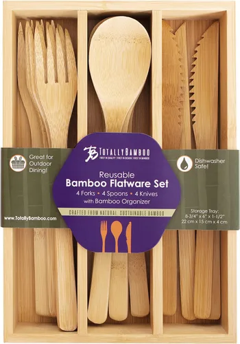Miniatura 7 de Totally Bamboo Juego de cubiertos de bambú reutilizables de 12 piezas con estuche de almacenamiento portátil, apto para lavavajillas