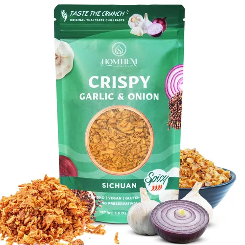 Homtiem Ajo Crujiente y Cebolla: Condimento Versátil de Sichuan 3.5 Oz., 100% Natural, Sin OMG, Vegano y Sin Gluten, Listo para Usar, Apto para