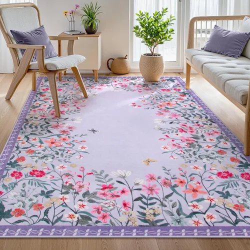 Miniatura 14 de Wonnitar Alfombra de área lavable de 2 x 3, alfombra de entrada floral verde, alfombra bohemia pequeña antideslizante para baño, alfombra suave