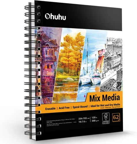 Ohuhu Mix Media Pad, cuaderno de bocetos de arte mixto de 7 x 10 pulgadas, papel pesado de 120 lb/200 GSM, 62 hojas/124 páginas, cuaderno de papel
