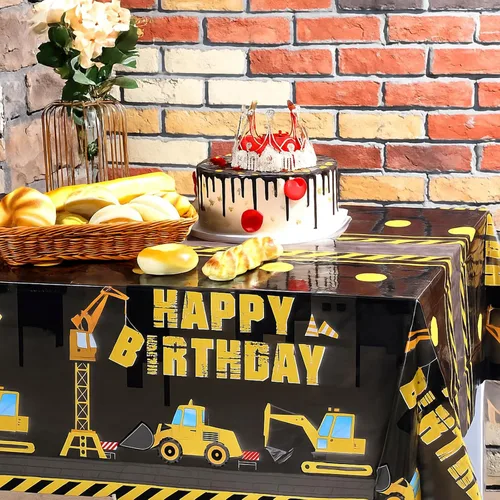 Miniatura 6 de Tatuo Mantel de construcción de feliz cumpleaños, diseño de camión volquete, cubierta de mesa de tractor de plástico impreso, suministros de Negro