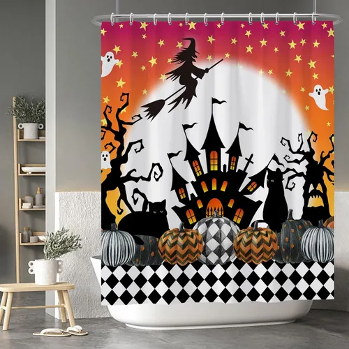Miniatura 151 de Cortina de ducha de fantasma y gato negro para niños, 36 x 72 pulgadas, espeluznante y bonita, cortina de baño de Halloween con 6 ganchos, cortina
