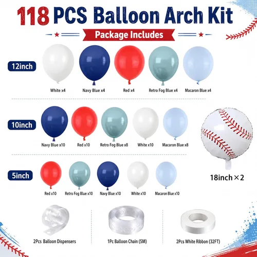 Miniatura 2 de FunHot Kit de guirnalda de arco de globos de béisbol, guirnalda de globos azul marino y rojo con globos blancos, globos de papel de aluminio