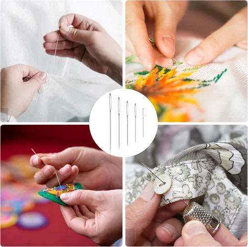 Miniatura 4 de Agujas de coser de ojo grande, 25 agujas de bordar de acero inoxidable con enhebradores de agujas, aguja de costura cruzada para coser a mano