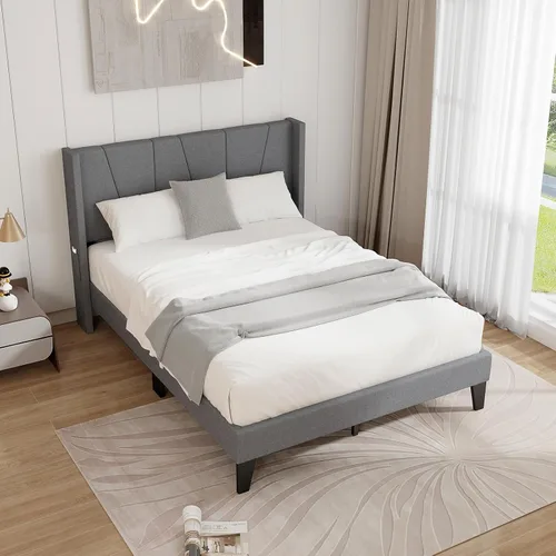 Miniatura 10 de KOMFOTT Base de cama tapizada tamaño Queen con cabecera con respaldo de ala, plataforma moderna con soporte de listones de madera, base de colchón
