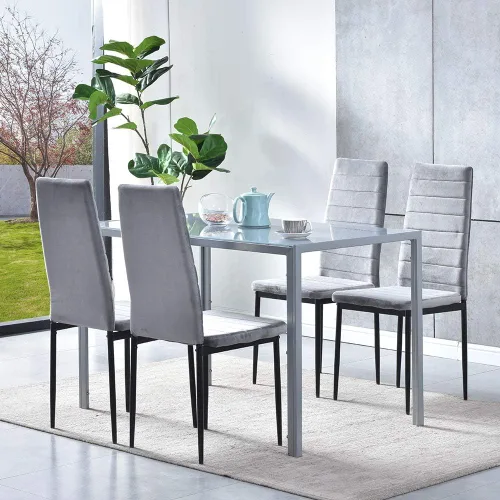 Miniatura 9 de Juego de 4 mesas de comedor y sillas negras modernas de 5 piezas para cocina pequeña, mesa rectangular de vidrio templado y 4 sillas de piel