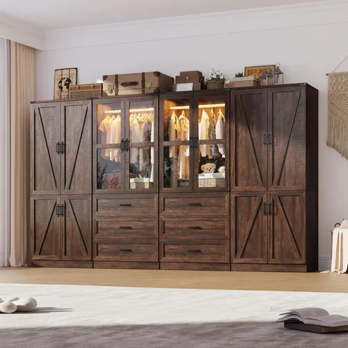 Miniatura 18 de Hlivelood Armario Ropero Estilo Granja de 75" de Alto con 2 Puertas con LED, Armario Independiente para Dormitorio con Barra para Colgar, Gabinete