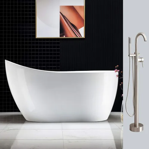 Woodbridge BTA1507 BN - Bañera de acrílico independiente de 54 pulgadas, contemporánea, desbordamiento y drenaje BTA1507-B, con grifo de níquel