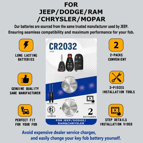 Miniatura 4 de Repuesto de batería para llavero para Jeep Dodge Ram Chrysler – CR2032 (paquete de 2) – Compatible con Cherokee Caravan Town & Country Charger