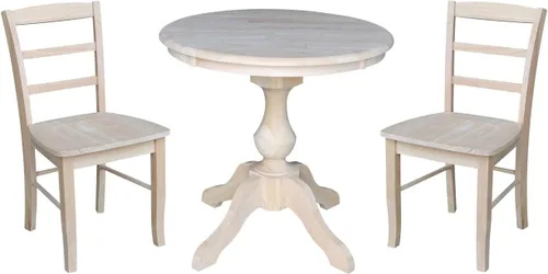 Miniatura 8 de IC INTERNATIONAL CONCEPTS Mesa de comedor redonda con pedestal de 30 pulgadas con 2 sillas Madrid con respaldo de escalera, nogal envejecido/piedra