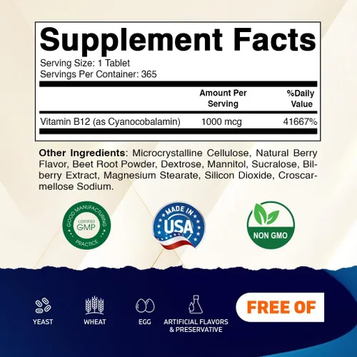 Miniatura 2 de Vitamatic Vitamina B12 1000 mcg Comprimidos de disolución rápida – Sabor natural a bayas – 365 tabletas por botella - 2 botellas – Apoya