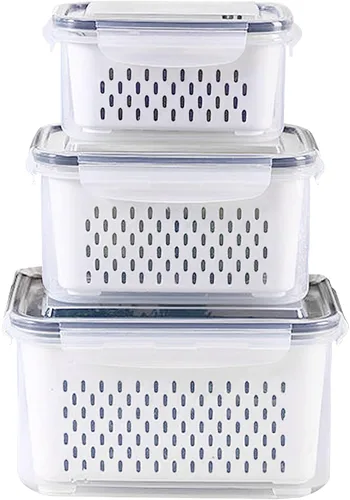 Miniatura 7 de Juego de 3 recipientes de almacenamiento de alimentos para refrigerador con tapas con colador, recipientes de almacenamiento de frutas y verduras